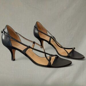 Vintage Black leather Bruno Magli minimalist strappy kitten heel sandals y2k 90s
